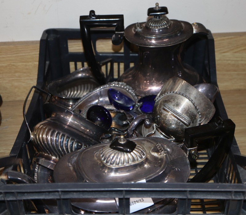 A plated half fluted four piece tea and coffee service and a quantity of sundry plated wares